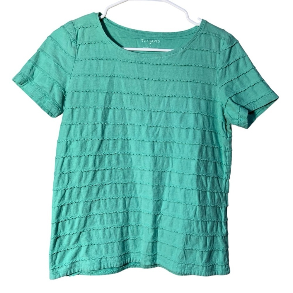 Talbots Women's Size Small Short Sleeve T-Shirt Mint Green Tiered Ruffles Cotton